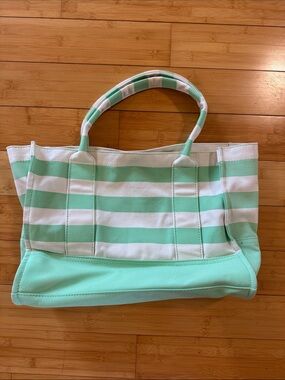 J. Crew Mint and White Striped Canvas Tote
